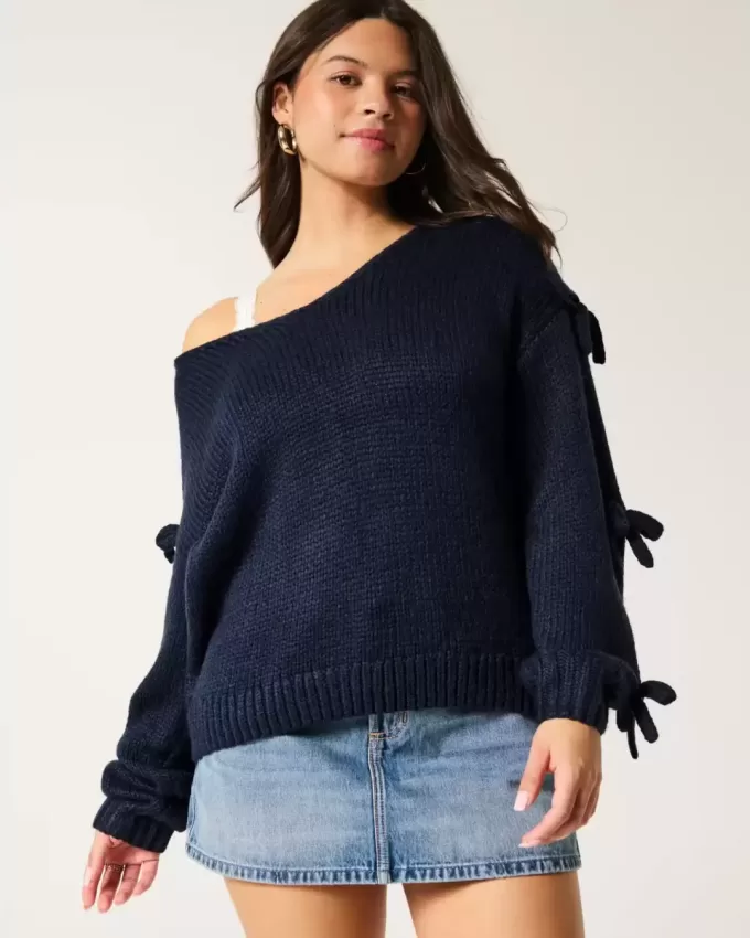 Off-the-Shoulder Bow Applique Sweater Off-the-Shoulder Bow Applique Sweater