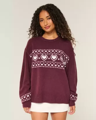 Oversized Heart Pattern Crew Sweater