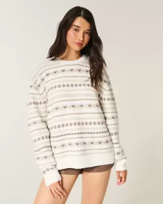 Oversized Heart Pattern Crew Sweater