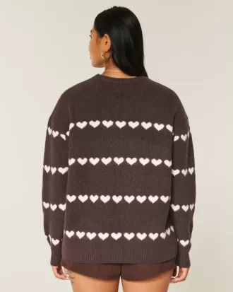 Oversized Heart Pattern Crew Sweater