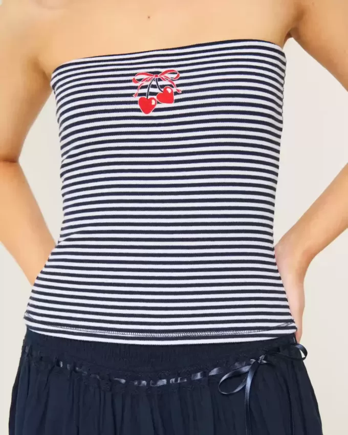 Ribbed Strapless Embroidered Cherry Tube Top
