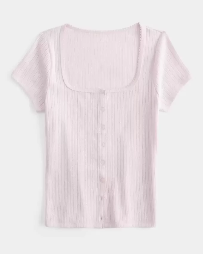 Short-Sleeve Button-Through Pointelle Top