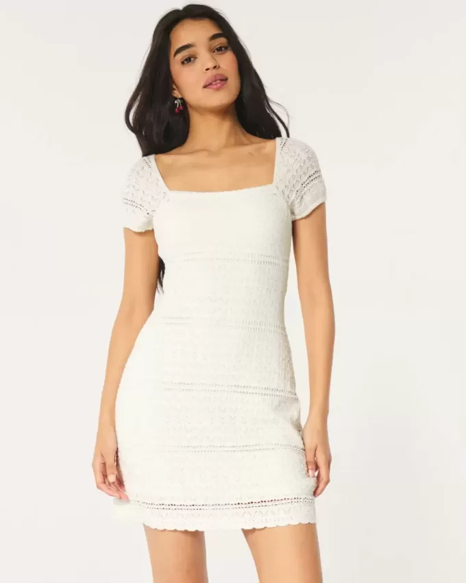 Short-Sleeve Crochet-Style Twist Back Mini Dress
