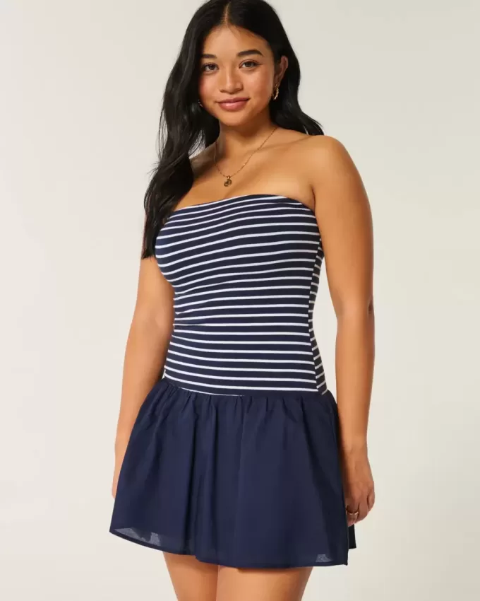 Strapless Drop-Waist Knit-Woven Mini Dress Strapless Drop-Waist Knit-Woven Mini Dress