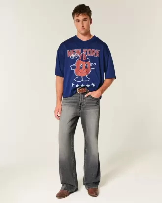 Washed Black Embroidered Baggy Bootcut Jeans